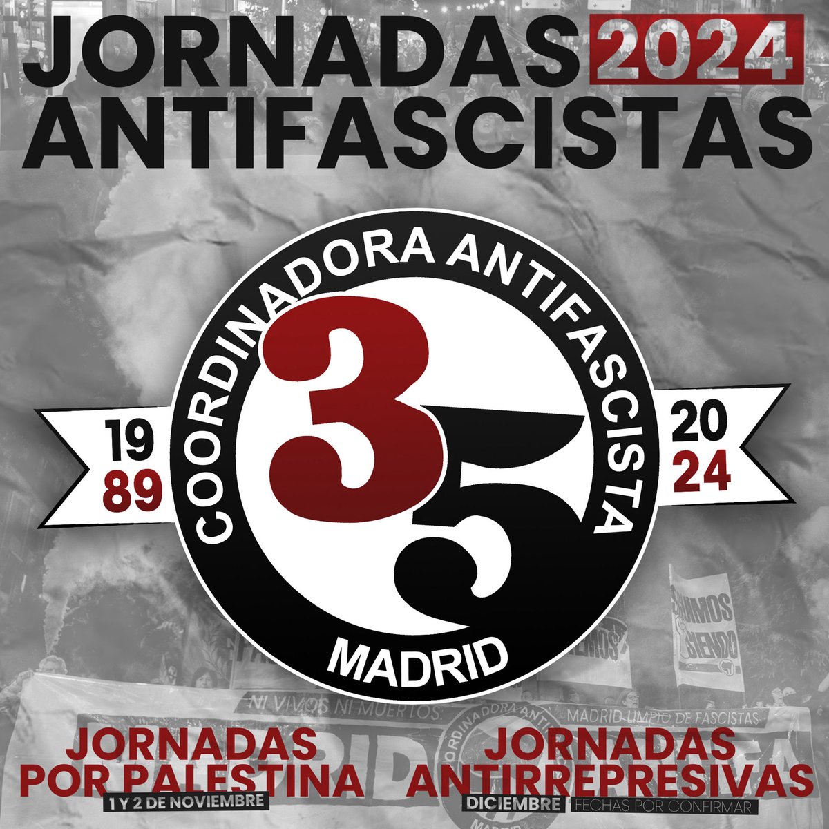 ¡Comenzamos las Jornadas Antifascistas de 2024!
El 1 y 2 de noviembre organizamos,  junto a la @brigada_lailajaled, unas jornadas de solidaridad con Palestina. 
Estate atentx, dentro de poco sacaremos el cartel con todos los detalles.  
#JJAA2004 #freepalestine #PalestinaLibre