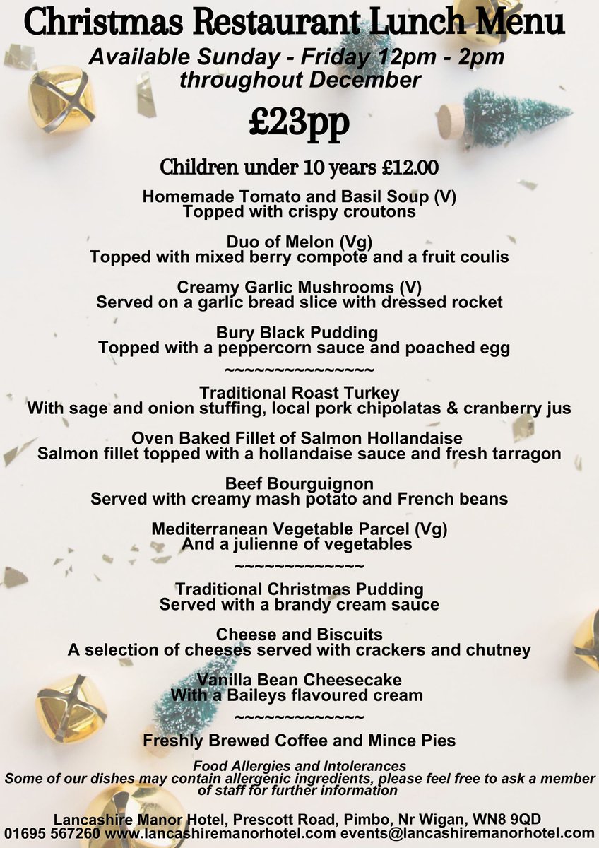 Lancashire Manor (@lancashiremanor) on Twitter photo Festive Lunch available to book Sunday's - Fridays throughout December.
Call to book on 01695 567260 or email events@lancashiremanorhotel.com Festive Lunch available to book Sunday's - Fridays throughout December.
Call to book on 01695 567260 or email events@lancashiremanorhotel.com