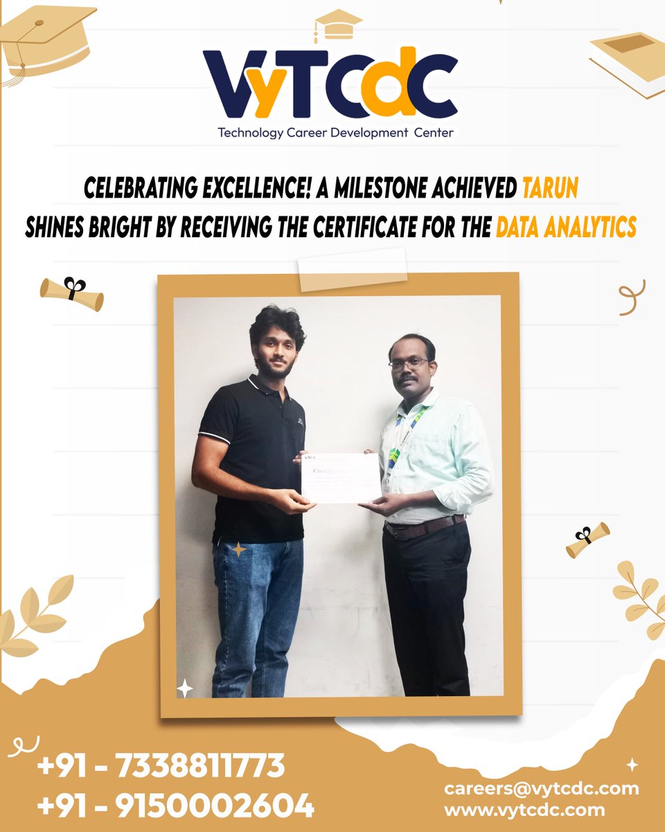 vytcdc's tweet image. Celebrating excellence! a milestone achieved Tarun shines bright by receiving the certificate for the Data Analytics

#vytcdc #CelebratingExcellence #MilestoneAchieved #DataAnalyticsSuccess #ShiningBright #CertificateAchieved #ProudMoment #AchievementUnlocked