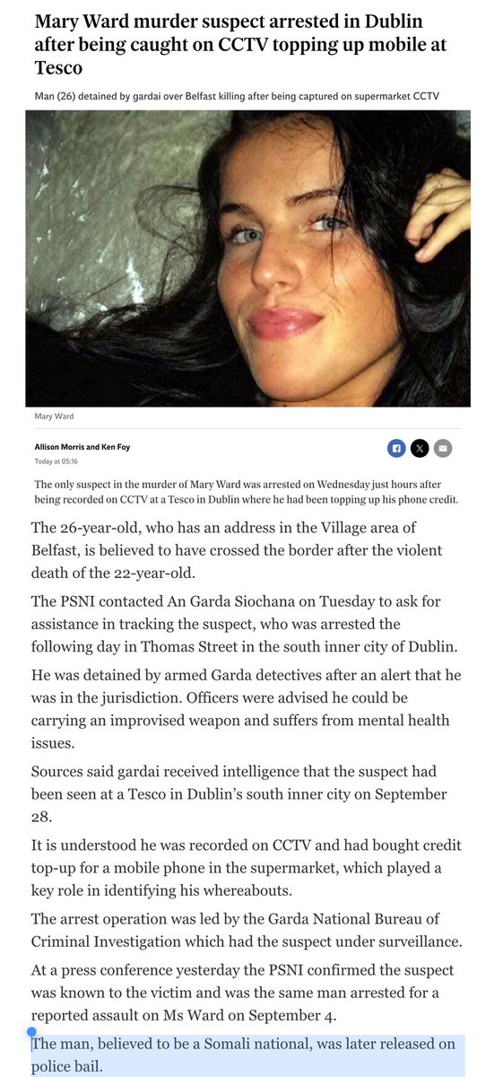 TheFlareNews's tweet photo. A Somali national has been arrested with murder of Mary Ward. 

The migrant had been arrested previously for harassing the victim and released on bail. On the day she murdered she called police but the failed to respond and she lay dead in her house for a week. 

#MakeIrelandSafeAgain
