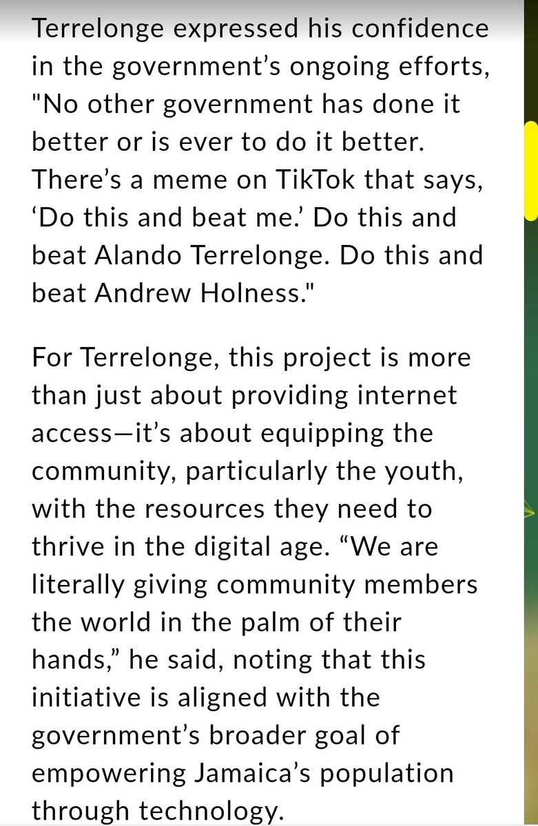 Bridging the digital divide. In the age of technology, the right to Internet access must b viewed as a basic human right just as right to water. Under visionary leadership of <a href="/AndrewHolnessJM/">Andrew Holness</a>, we are building a nation that will become producers of technology. Do this and beat we!