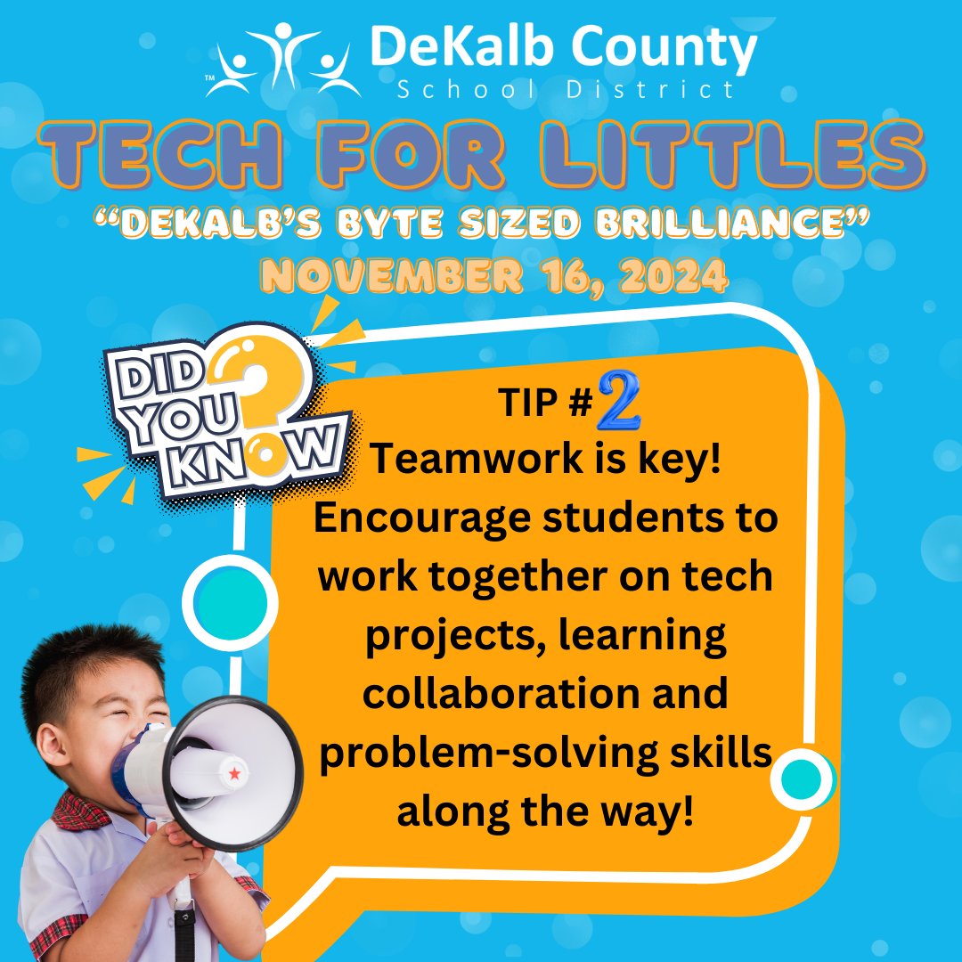 DeKalbSchoolsIT's tweet image. Tip 2: Teamwork is key! 🤝 Encourage students to work together on tech projects, learning collaboration and problem-solving skills along the way! 💡👩‍💻👨‍💻 #TechForLittles #Teamwork #K2Showcase
@DekalbSchoolsIT
@DeKalbSchools