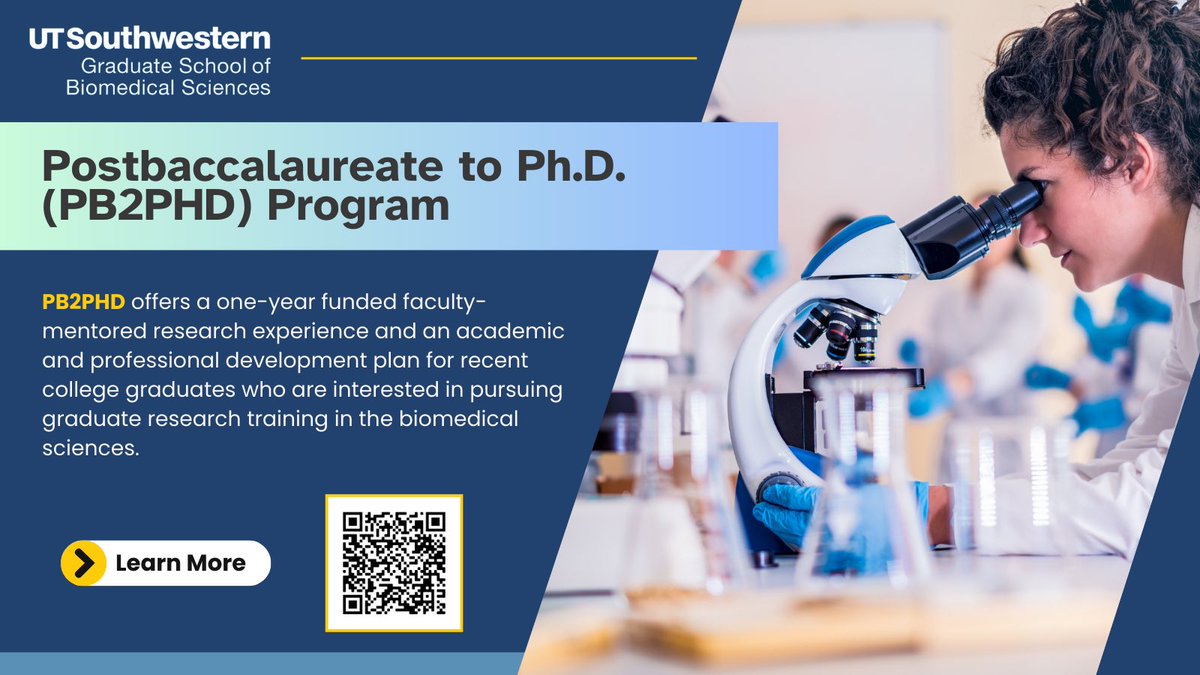 Dr. Arnaldo Díaz (@adiaz_phd) on Twitter photo 📢 Apply Now—We are excited to announce that we are now accepting applications for the <a href="/UTSWGradSchool/">UTSW Graduate School of Biomedical Sciences</a> Postbaccalaureate to Ph.D. Program (PB2PHD). To learn more about PB2PHD, the areas of research, eligibility criteria, and how to apply, scan the QR code in the flyer below ⬇️ 📢 Apply Now—We are excited to announce that we are now accepting applications for the <a href="/UTSWGradSchool/">UTSW Graduate School of Biomedical Sciences</a> Postbaccalaureate to Ph.D. Program (PB2PHD). To learn more about PB2PHD, the areas of research, eligibility criteria, and how to apply, scan the QR code in the flyer below ⬇️