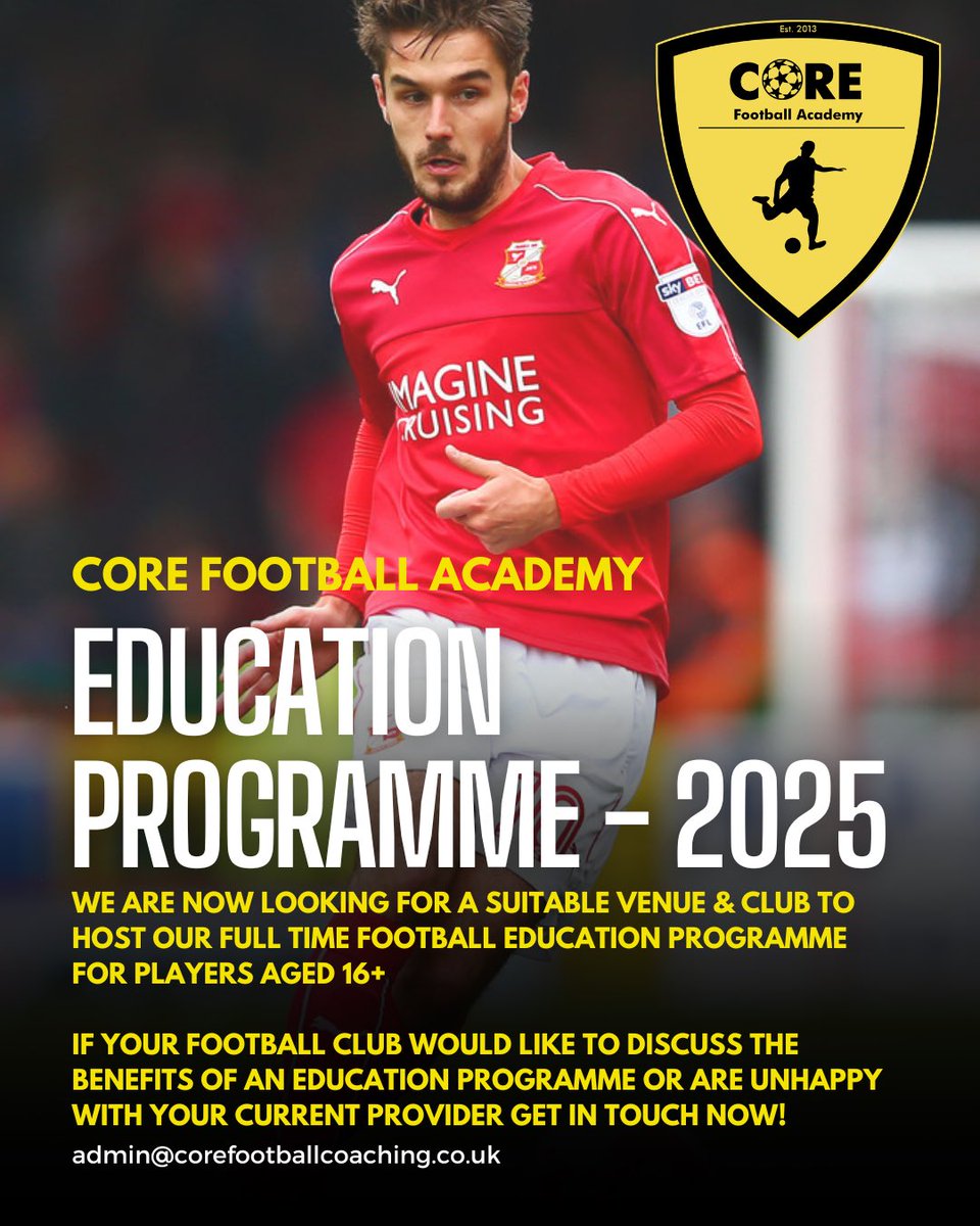 Core Football Academy are in the process of sourcing a suitable venue to host a full time education programme for young aspiring players. 

If your club is interested in the benefits from teaming up with the Academy or are unhappy with your current provider please contact us!