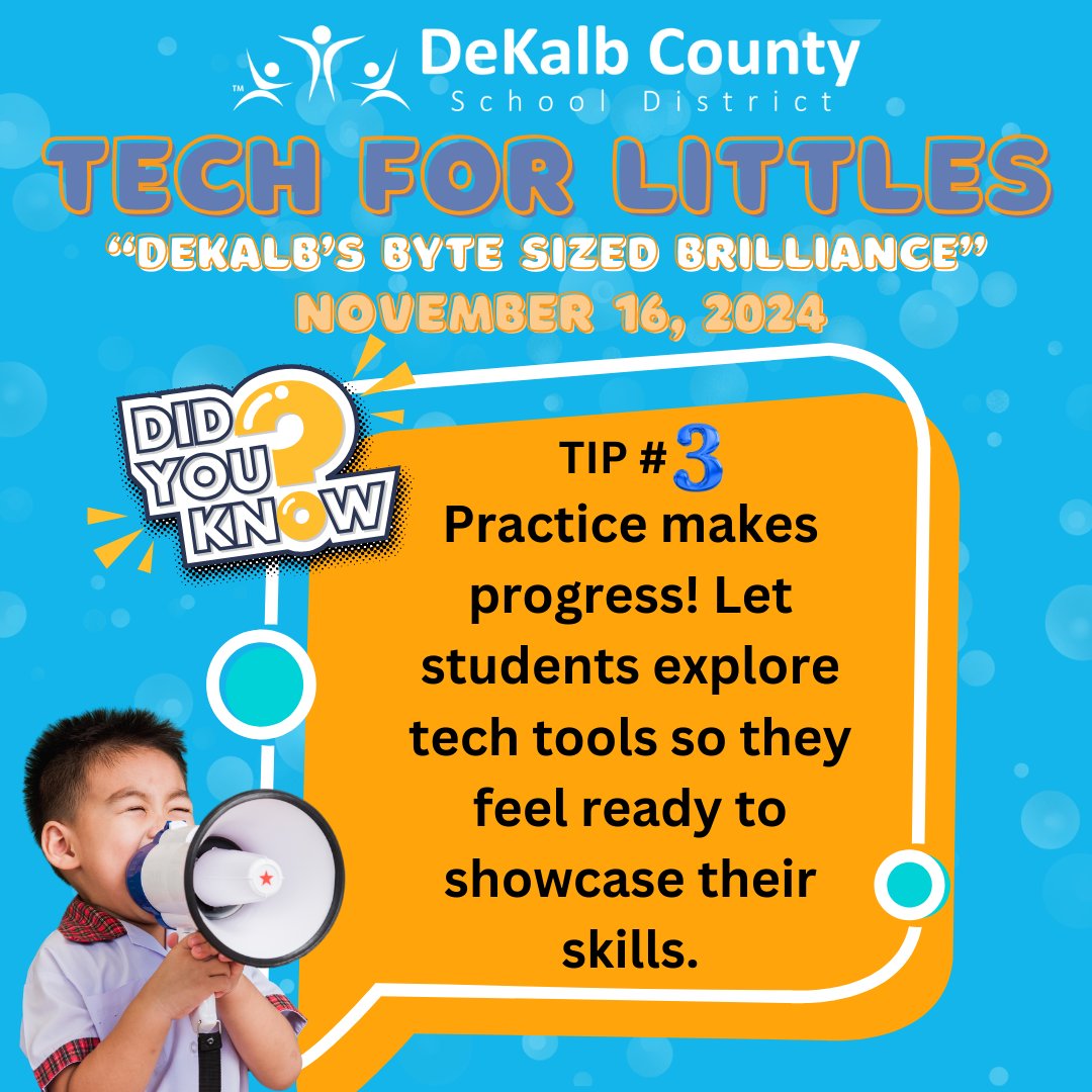 DeKalbSchoolsIT's tweet image. Tip 3: Practice makes progress! 🏆 Let students explore tech tools daily so they feel ready to shine during the showcase. 🔍✨ 
#TechForLittles #StudentSuccess #K2Tech
@DekalbSchoolsIT
@DeKalbSchools