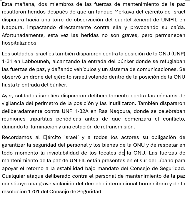 🔴 Dos cascos azules de la OONU en #Líbano  heridos después de que un tanque del Ejército de Israel disparara hacia una torre de observación del cuartel general de <a href="/UNIFIL_/">UNIFIL</a>  en Naqoura, impactando directamente contra ella.