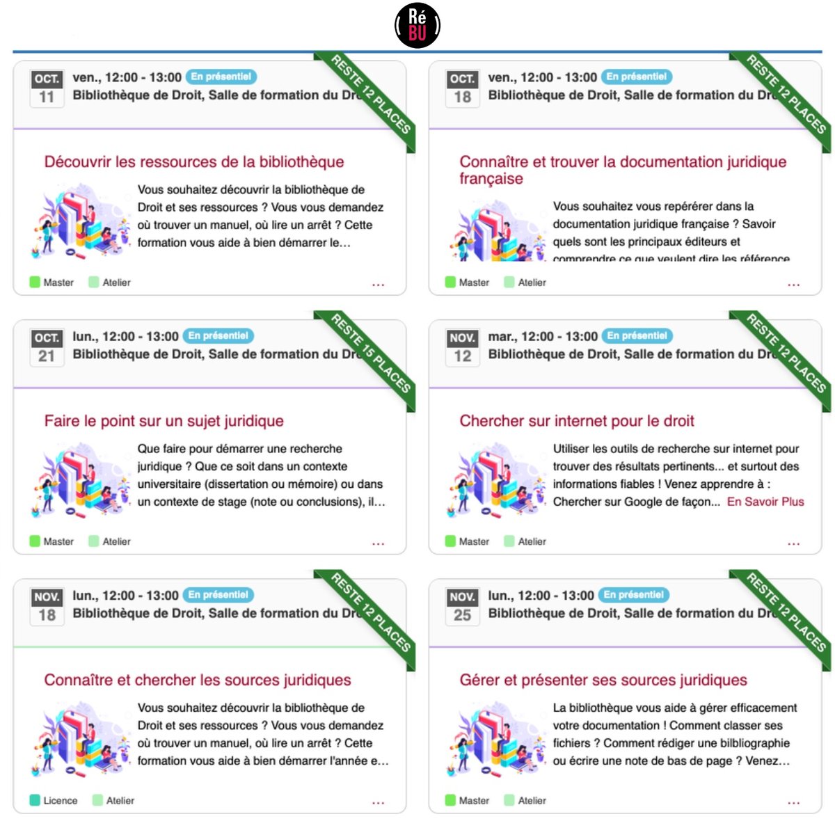 Saviez vous que la bibliothèque de droit de l'UPEC  propose des formations « express » aux étudiants ? Allez y jeter un coup d'oeil sur la plateforme Rébu ! @upecofficiel rebu.u-pec.fr/calendar?cid=8