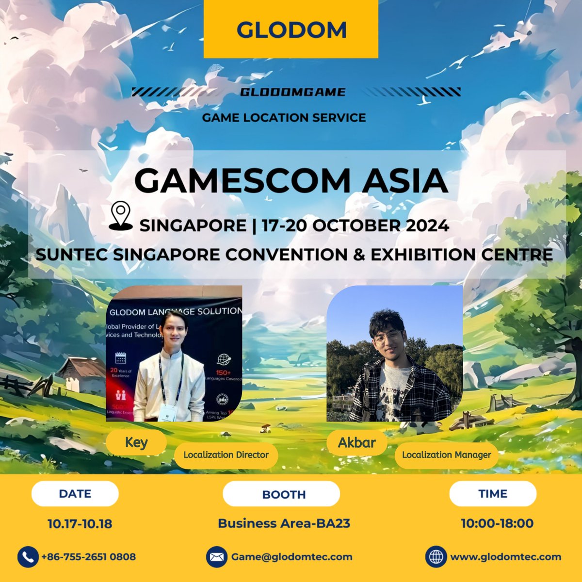 🎮 Glodom at Gamescom Asia 2024! 🎮

From October 17-20, we’ll be at Booth BA23 in Singapore, ready to discuss how we can take your game global! 🌏

Let’s connect and bring your game to the next level! 🎮💬

See you at #GamescomAsia! 👾✨

#Gamescom #GameLocalization