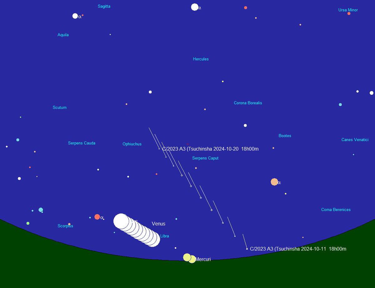 Voleu veure el cometa Tsuchinshan-Atlas? Els propers capvespres busqueu-lo molt baix damunt l'horitzó de ponent. El mapa està preparat per les 8 del vespre, hora oficial. Marquem la posició dels planetes i el cometa entre els dies 11 i 20. El punt més brillant es Venus.