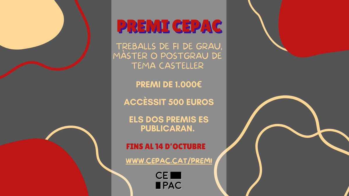 Últims 4 dies per presentar-te al premi Cepac❗️

📈 Treballs de fi de grau o postgrau sobre el món casteller.

#castells #castellers