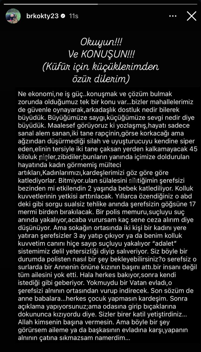 Berk Oktay, Türkiye'de yaşanan son olaylarla ilgili:

"Maalesef görüyoruz ki yozlaşmış, hayatı sadece sanal alem sanan, iki tane rapçinin görse korkacağı ama ağzından düşürmediği silah ve uyuşturucuyu kendine siper eden, elinin tersiyle iki tane çaksan yerden kalkamayacak 45