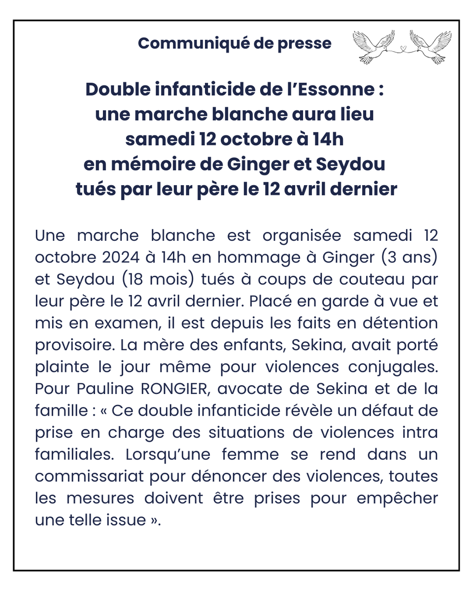 proteger_enfant's tweet photo. ⚪Double #infanticide : Marche blanche pour Ginger et Seydou, samedi 12 octobre à 14h à la mairie de Maurepas (78).
En la mémoire de ces deux #enfants tués par leur père. 🤍
Venez nombreuses & nombreux honorer ces deux enfants qui auraient dû avoir la vie devant eux.
#maurepas https://t.co/EEoWkfBmuu