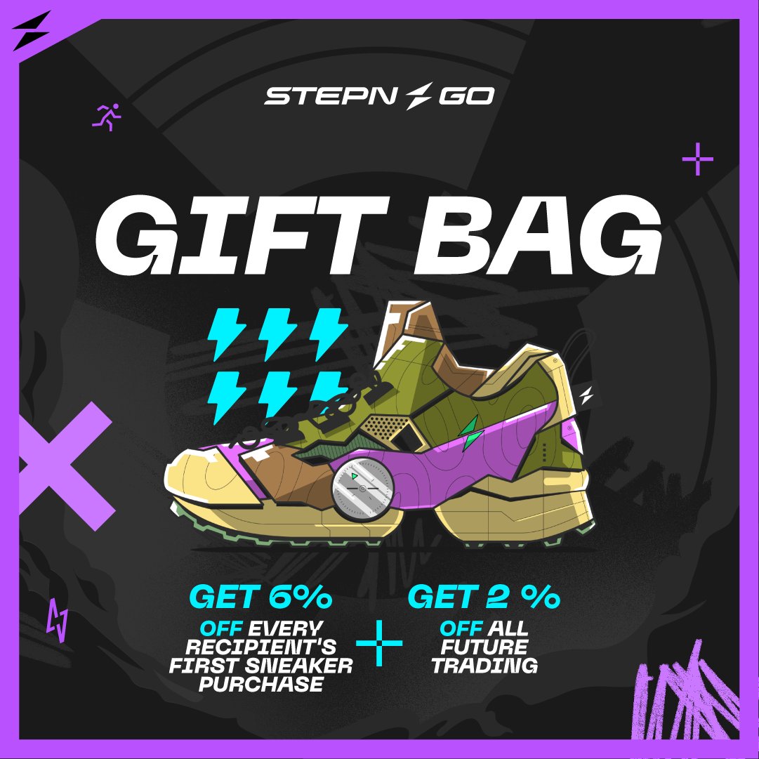 Stepnofficial's tweet image. Share your #STEPNGO Gift Bag code and earn rewards! 🤌

With the new Gift Bag system, you can use 60 or 600 Energy to create a special QR code and share 6 Energy with 10 or 100 recipients for 14 days!

What’s the best part? You’ll get 6% on each recipient’s first Sneaker buying,…