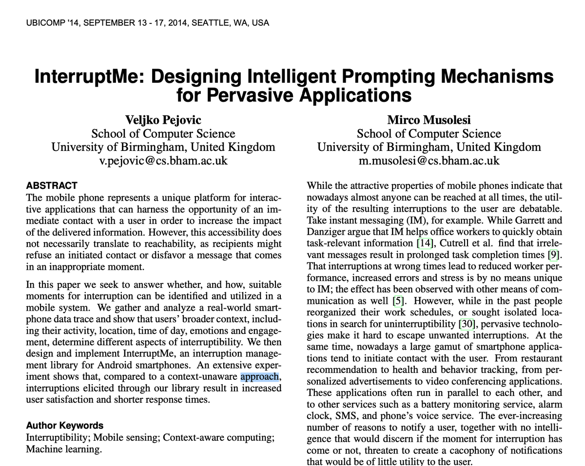 Mirco Musolesi (@mircomusolesi) on Twitter photo Our paper with <a href="/veljkoveljko/">Veljko Pejovic</a> "InterruptMe: Designing Intelligent Prompting Mechanisms for Pervasive Applications" has been awarded a Best Paper Runner-up Award in the 10-year Impact Awards category at ACM #Ubicomp2024!
Link to the paper: mircomusolesi.org/papers/ubicomp…
1/3 Our paper with <a href="/veljkoveljko/">Veljko Pejovic</a> "InterruptMe: Designing Intelligent Prompting Mechanisms for Pervasive Applications" has been awarded a Best Paper Runner-up Award in the 10-year Impact Awards category at ACM #Ubicomp2024!
Link to the paper: mircomusolesi.org/papers/ubicomp…
1/3
