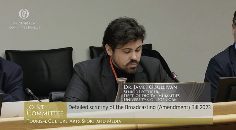 Our Chairman, Dr. James O’ Sullivan, Senior Lecturer in Digital Humanities <a href="/UCC/">UCC Ireland</a> yesterday addressed the Joint Committee on Tourism, Culture, Arts, Sport and Media at Leinster House, as an expert in digital curation, in a session scrutinising the new Broadcasting (Amendment) Bill