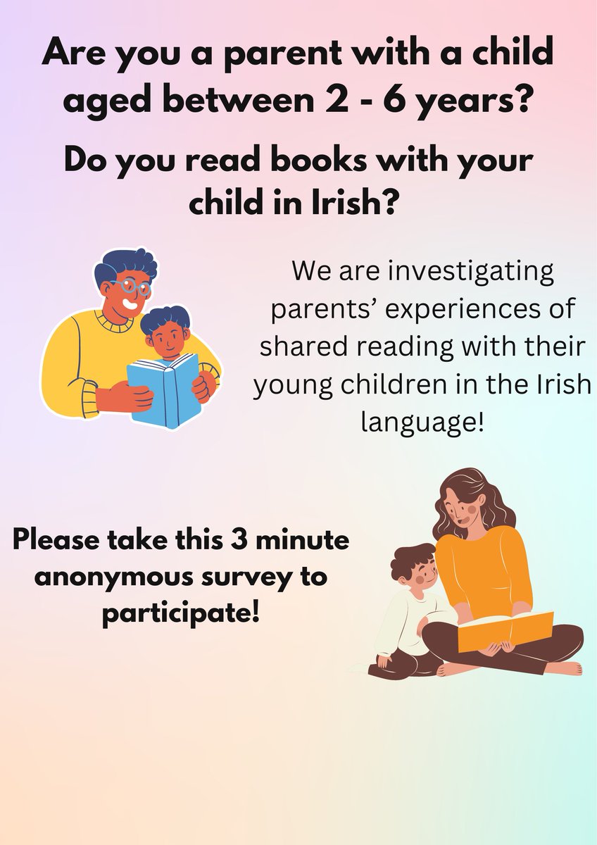 CSLS Trinity College Dublin (@clinspeechtcd) on Twitter photo Are you a parent with a child aged between 2 – 6 years old?Do you read books with your child in Irish?
Take part in this 3-minute anonymous survey!
eu.surveymonkey.com/r/Y7RNHX9
<a href="/Bac_leGaeilge/">BÁC Le Gaeilge</a> <a href="/GaelLinn/">Gael Linn</a> <a href="/tuismitheoiri/">Tuismitheoirí na Gaeltachta</a> <a href="/TCDRnaGaeilge/">TCD Roinn na Gaeilge/Department of Irish</a> <a href="/CnaG/">Conradh na Gaeilge ⭕️</a> <a href="/iaslt/">IASLT</a> <a href="/ForasnaGaeilge/">Foras na Gaeilge</a> <a href="/gaelchultur/">Gaelchultúr</a>
#gaeilge Are you a parent with a child aged between 2 – 6 years old?Do you read books with your child in Irish?
Take part in this 3-minute anonymous survey!
eu.surveymonkey.com/r/Y7RNHX9
<a href="/Bac_leGaeilge/">BÁC Le Gaeilge</a> <a href="/GaelLinn/">Gael Linn</a> <a href="/tuismitheoiri/">Tuismitheoirí na Gaeltachta</a> <a href="/TCDRnaGaeilge/">TCD Roinn na Gaeilge/Department of Irish</a> <a href="/CnaG/">Conradh na Gaeilge ⭕️</a> <a href="/iaslt/">IASLT</a> <a href="/ForasnaGaeilge/">Foras na Gaeilge</a> <a href="/gaelchultur/">Gaelchultúr</a>
#gaeilge