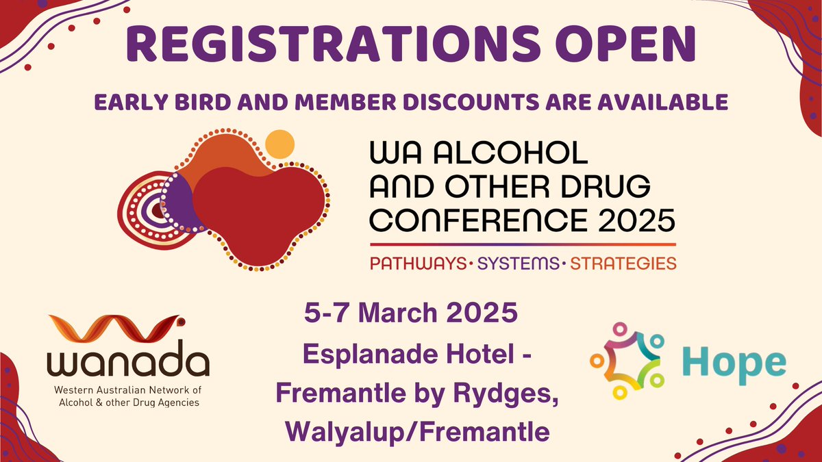 Secure your place for the WA Alcohol and Other Drug Conference 2025, 5–7 March, Walyalup/Fremantle. Reduced rates for WANADA members / early birds. Discount on registration for the <a href="/NDRIau/">NDRI Curtin</a> Symposium. Early birds close 16 November 2024. Visit:
wanada.org.au/conference-202…