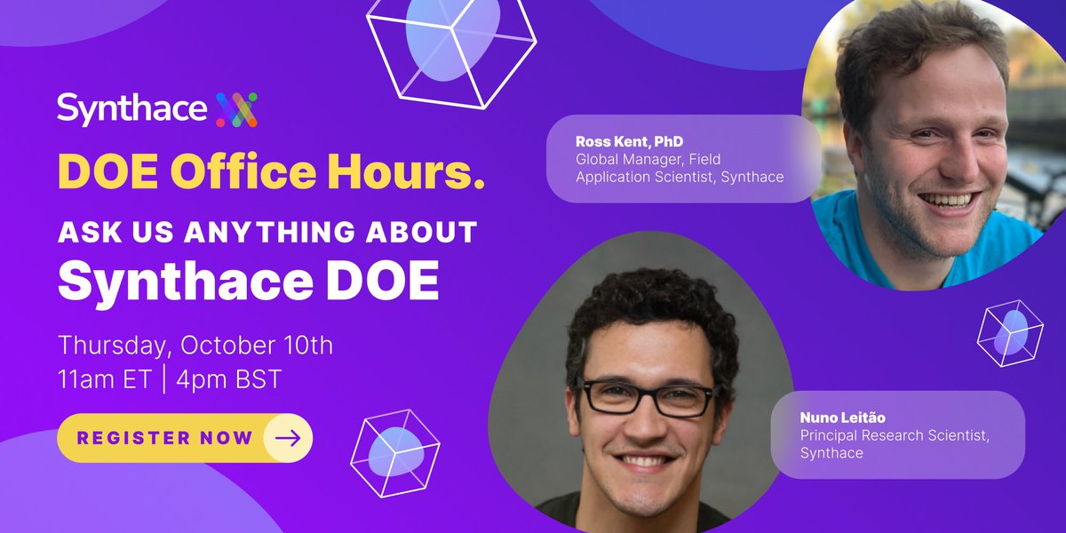 Synthace (@synthace) on Twitter photo Join us today for our next DOE Office Hours: Ask us anything about Synthace DOE presented by <a href="/jnunoleitao/">Nuno Leitão</a> and Ross Kent.
Streaming Oct 10, 11 am ET/4 pm BST. Register here: synthace.com/resources/webi… Join us today for our next DOE Office Hours: Ask us anything about Synthace DOE presented by <a href="/jnunoleitao/">Nuno Leitão</a> and Ross Kent.
Streaming Oct 10, 11 am ET/4 pm BST. Register here: synthace.com/resources/webi…