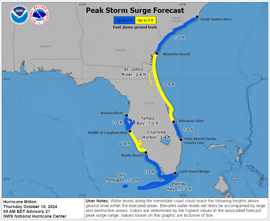 NHC_Surge's tweet image. 10/10 5am EDT: There is a danger of life-threatening storm surge along the coast from east-central Florida northward to southern Georgia, where a Storm Surge Warning remains in effect.