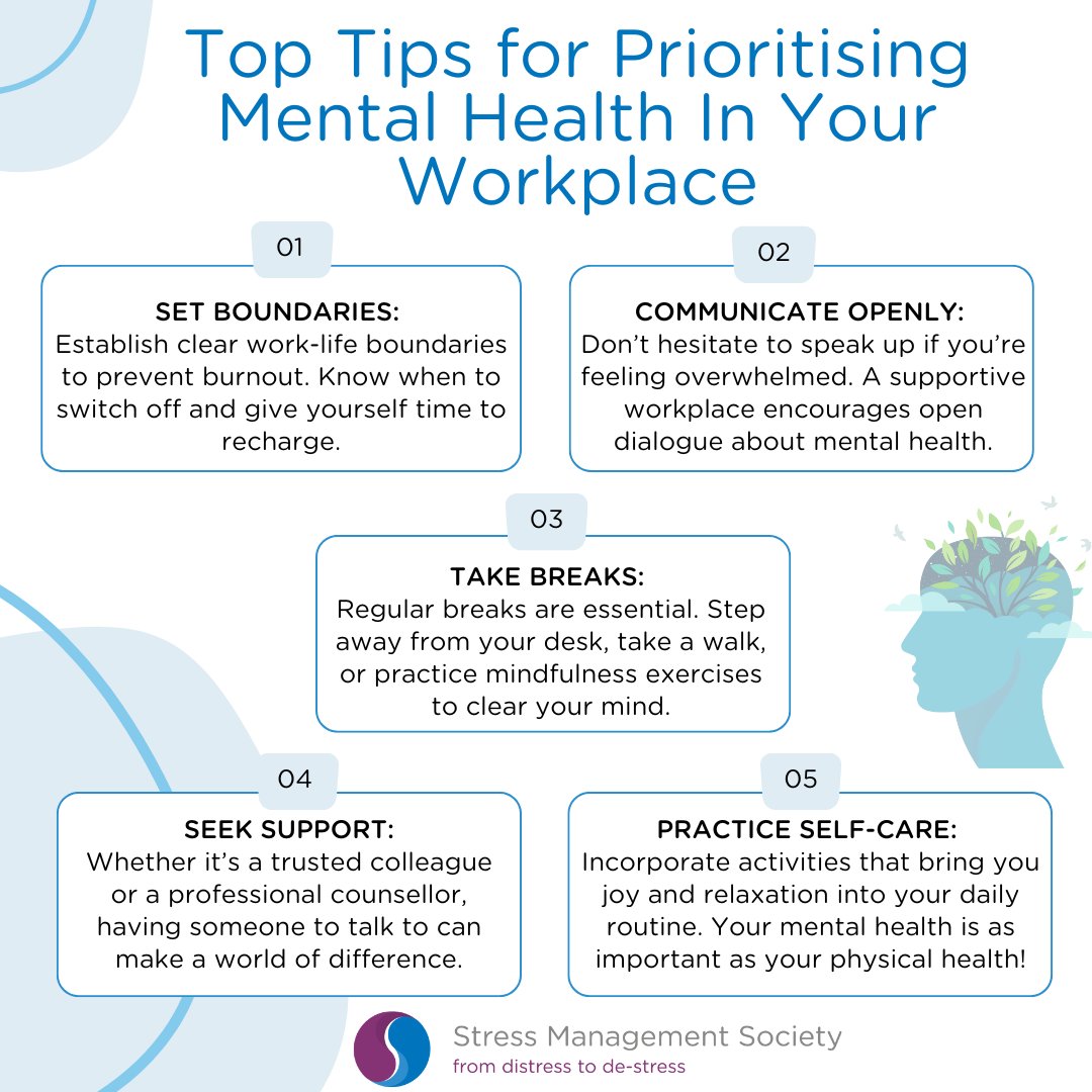 We spend a significant portion of our lives at work, so it's crucial to make sure our mental well-being is a top priority. Here are some tips on how you can do just that. We'd love to hear yours. Need more resources? Head to stress.org.uk anv visit our Resource Hub.