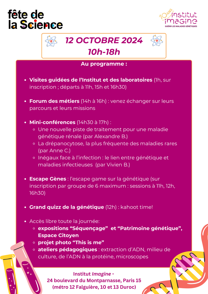 Institut Imagine (@institutimagine) on Twitter photo đ©đ»âđŹ Aujourd'hui, plongez avec nous dans la gĂ©nĂ©tique Ă la FĂȘte de la Science Ă lâInstitut Imagine ! ConfĂ©rences, ateliers et visites guidĂ©es pour dĂ©couvrir les avancĂ©es scientifiques et les maladies gĂ©nĂ©tiques rares.
đ 24 Bd du Montparnasse, Paris
#FĂȘtedelaScience #GĂ©nĂ©tique đ©đ»âđŹ Aujourd'hui, plongez avec nous dans la gĂ©nĂ©tique Ă la FĂȘte de la Science Ă lâInstitut Imagine ! ConfĂ©rences, ateliers et visites guidĂ©es pour dĂ©couvrir les avancĂ©es scientifiques et les maladies gĂ©nĂ©tiques rares.
đ 24 Bd du Montparnasse, Paris
#FĂȘtedelaScience #GĂ©nĂ©tique