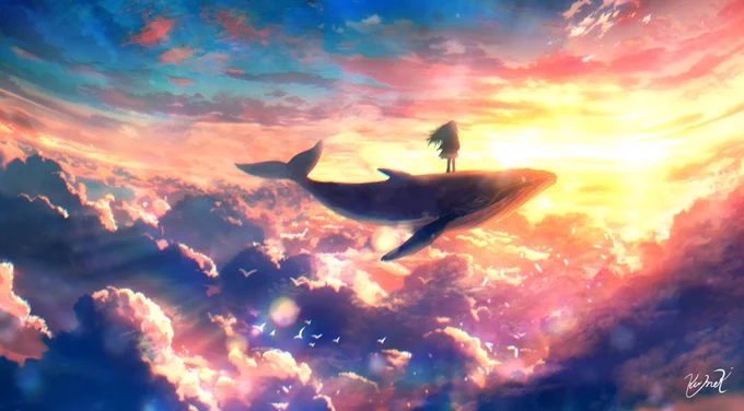 空とクジラのイラスト 