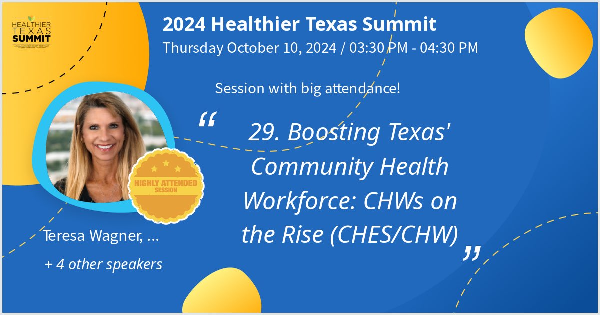 Giving a talk at 2024 Healthier Texas Summit on Boosting Texas' Community Health Workforce: CHWs on the Rise (CHES/CHW). Looks like a great turnout! @ItsTimeTX #HealthierTX #TransformingTX2024 #HealthierTexasSummit - via #Whova event app