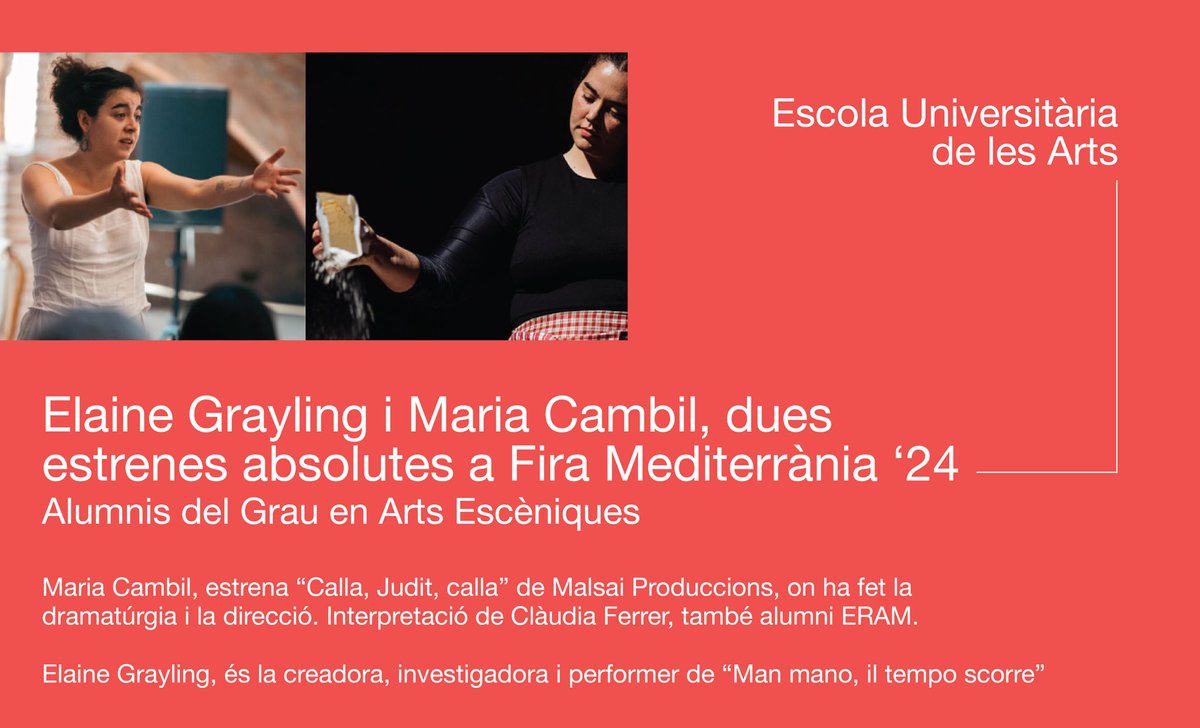Escola Universitària de les Arts (@eueram) on Twitter photo ✨Elaine Grayling i Maria Cambil, dues estrenes absolutes a Fira Mediterrània 2024 <a href="/FMediterrania/">Fira Mediterrània</a> <a href="/cambilmaria/">Maria Cambil</a> <a href="/elainegrayling/">Elaine Grayling</a> <a href="/elcanalsalt/">El Canal Salt</a>
eram.cat/ca/escola-univ… ✨Elaine Grayling i Maria Cambil, dues estrenes absolutes a Fira Mediterrània 2024 <a href="/FMediterrania/">Fira Mediterrània</a> <a href="/cambilmaria/">Maria Cambil</a> <a href="/elainegrayling/">Elaine Grayling</a> <a href="/elcanalsalt/">El Canal Salt</a>
eram.cat/ca/escola-univ…