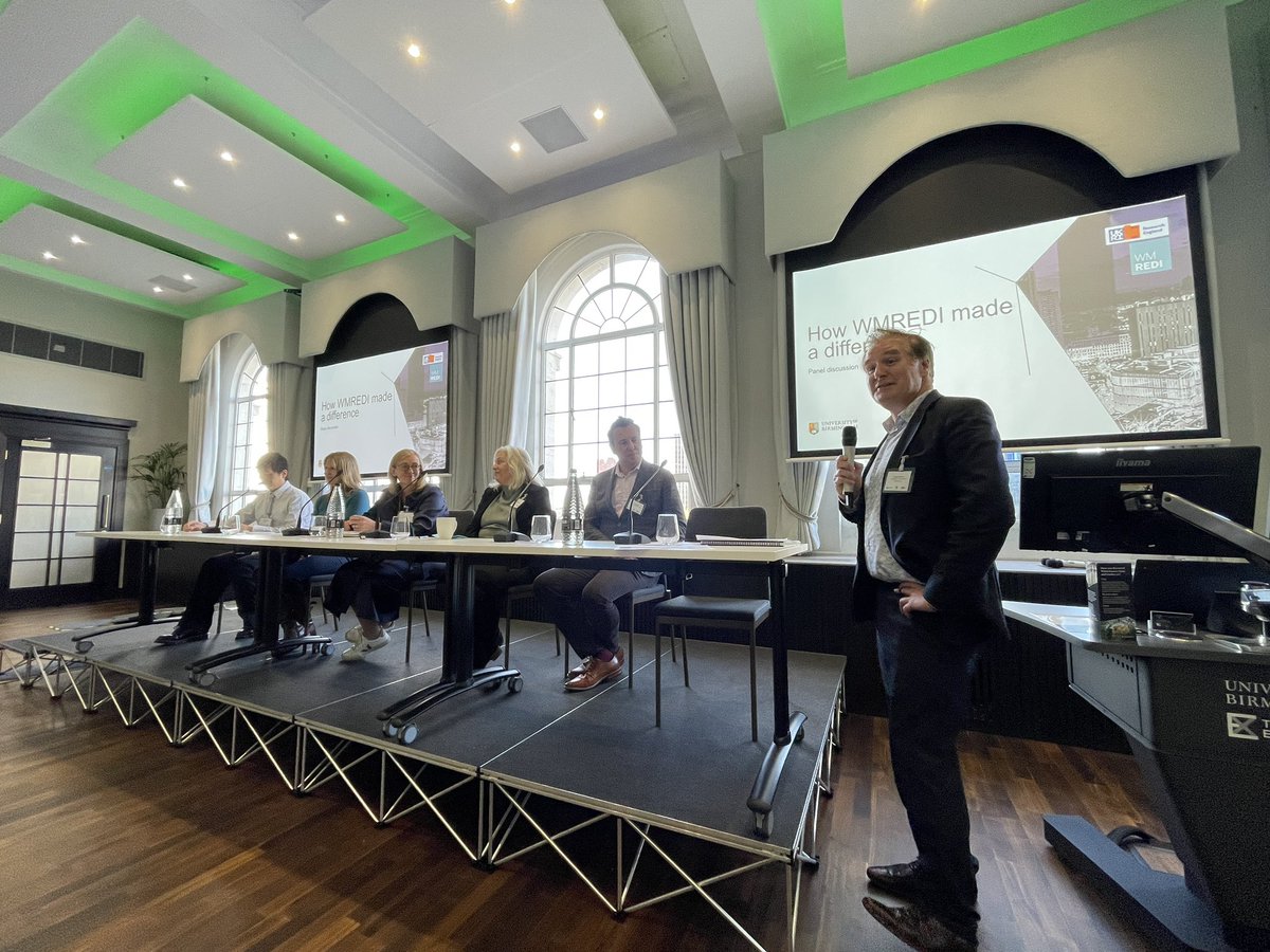Time for the panel at #thewmredistory celebration. George Bramley from <a href="/CityREDI/">City-REDI</a> leads a super conversation. Strong consensus that the legacy of <a href="/WMREDI/">WMREDI</a> is a stronger economy, with specific areas like @supertech_wm being significantly accelerated. #FinancialServices #birmingham