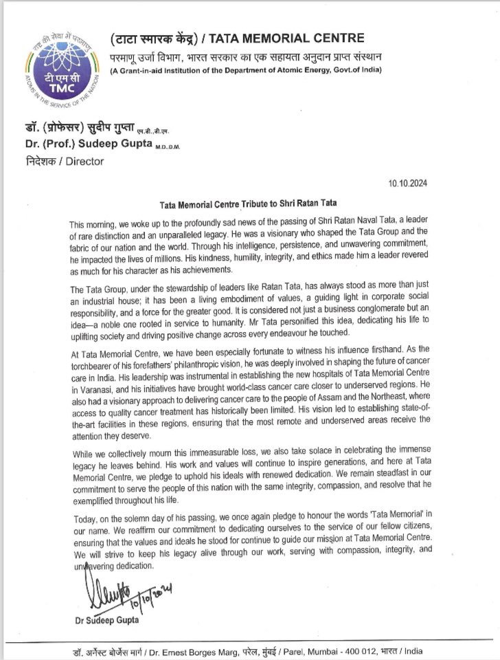 Tata Memorial Hospital (@tatamemorial) on Twitter photo Today, on the sad day of the demise of our beloved Ratan Tata, we once again pledge to honour the words ' Tata Memorial' in our name! <a href="/TataMemorial/">Tata Memorial Hospital</a> <a href="/RNTata2000/">Ratan N. Tata</a> <a href="/tatatrusts/">Tata Trusts</a> Today, on the sad day of the demise of our beloved Ratan Tata, we once again pledge to honour the words ' Tata Memorial' in our name! <a href="/TataMemorial/">Tata Memorial Hospital</a> <a href="/RNTata2000/">Ratan N. Tata</a> <a href="/tatatrusts/">Tata Trusts</a>