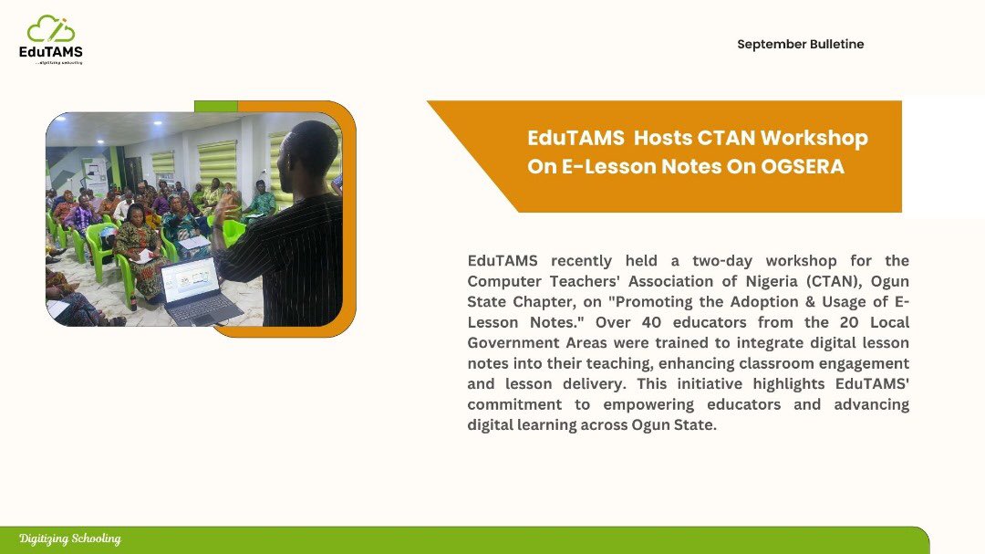 edu_tams's tweet image. September 2024 Bulletin

Join us as we continue to make education more accessible across Nigeria.

@Cc_HUB @MastercardFdn @UNESCO @ubecnigeria 

#EduTAMS #digitizingeducation #SchoolandLearningManagement #Edtech