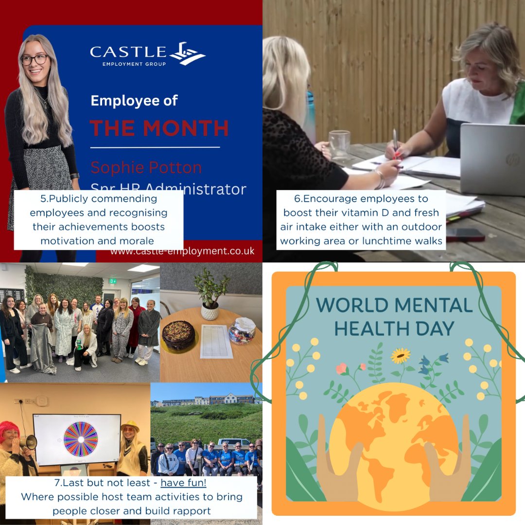 CastleEmploy's tweet image. World Mental Health Day 💚

Here are just some ideas on how you can support your employees' mental health and well-being in the workplace. What other ideas/tips do people have? Please share. 

 #worldmentalhealthday #employeewellbeing #lovewhatyoudo #mentalhealthmatters