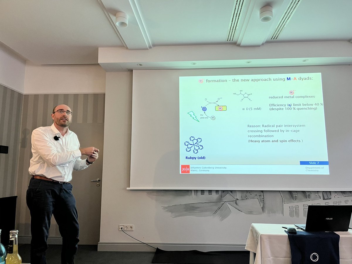 Last day of <a href="/BeilsteinInst/">Beilstein-Institut @beilstein-institut.bsky.social</a> symposium, starting with fascinating talks by <a href="/NobuhiroYanai/">Nobuhiro Yanai</a> <a href="/EmmaWolpert/">Emma Wolpert</a> <a href="/ckerzig/">Christoph Kerzig</a> on upconversion, crystal structure simulation, and photoredox catalysis! 💎💡🧪