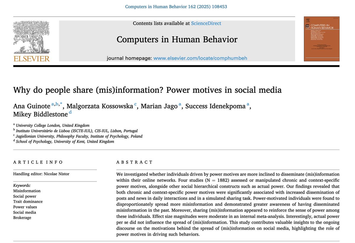 Mikey Biddlestone (@biddlepsych) on Twitter photo Check out our new paper with <a href="/AGUINOTE/">Ana Guinote</a> and the <a href="/DigiPatch/">DigiPatch: From Networked To Patchworked Society</a> team in Computers in Human Behavior “Why do People Share (Mis)Information? Power Motives in Social Media”. We investigate the role of power motives in sharing (mis)information on social media 1/9
doi.org/10.1016/j.chb.… Check out our new paper with <a href="/AGUINOTE/">Ana Guinote</a> and the <a href="/DigiPatch/">DigiPatch: From Networked To Patchworked Society</a> team in Computers in Human Behavior “Why do People Share (Mis)Information? Power Motives in Social Media”. We investigate the role of power motives in sharing (mis)information on social media 1/9
doi.org/10.1016/j.chb.…