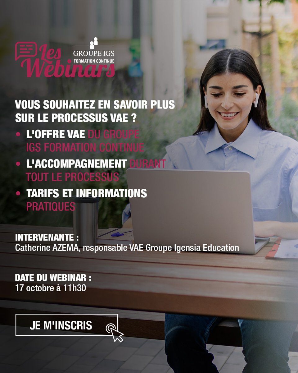 #VAE | La Validation des Acquis de l'Expérience vous interesse ? Inscrivez-vous à notre réunion d'information pour tout savoir ➡️shorturl.at/Utcn3

✔️Différentes offres d'accompagnement du Groupe IGS Formation Continue
✔️Temps de Questions-Réponses
✔️Financement