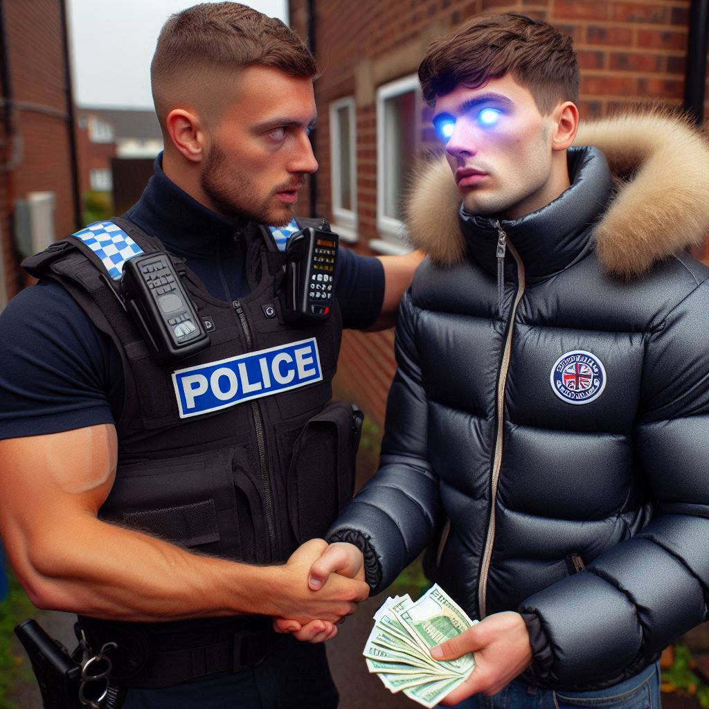 That's it lad, keep lookin in my eyes feel your brain melt away.

It feels good doesn't it, taking this cash and handing it to me. There's plenty more to come officer. You're gonna become just like us.