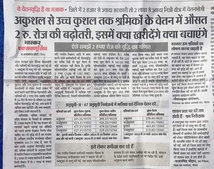 बहुत धन्यवाद <a href="/DainikBhaskar/">Dainik Bhaskar</a> खबर प्रकाशित करने के लिए
2 रु की बढ़ोतरी से आज पूरे प्रदेश के कर्मचारी स्तम्भ है ,बिजली ऑउट सोर्स कर्मचारी इन पेसो को दीपावली पर कैसे खर्च कर पाएंगे !
<a href="/DrMohanYadav51/">Dr Mohan Yadav</a>
<a href="/ChouhanShivraj/">Shivraj Singh Chouhan</a> 
<a href="/CollecterK/">Collector Khargone</a> 
<a href="/digvijaya_28/">Digvijaya Singh</a> 
<a href="/jitupatwari/">Jitendra (Jitu) Patwari</a> 
<a href="/federationgwl/">मध्यप्रदेश संविदा एवं ठेका श्रमिक कर्मचारी संघ</a>