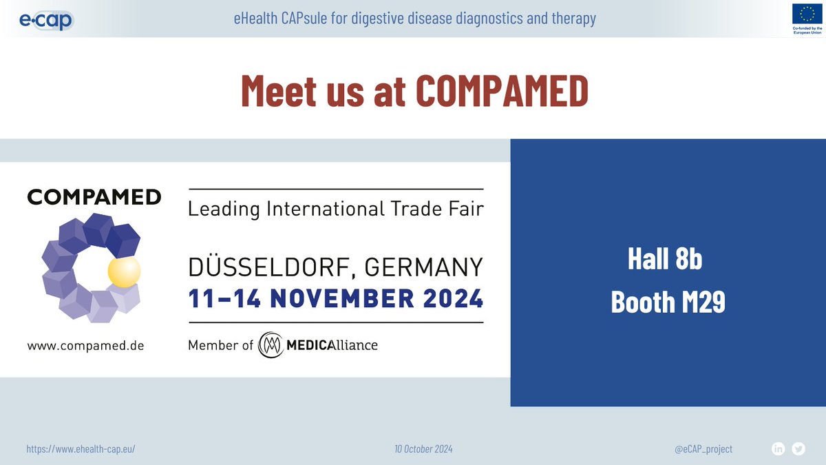 eCAP project will be featured at this year’s #COMPAMED trade fair in Düsseldorf! 

Meet us at the booth of AMIRES and Betthera to see  a demonstrator or eCAP capsule.

📅 11-14 Nov 2024
📍 Hall 8b, Booth M29

 #MEDICA2024 #eCAPProject #HealthcareInnovation #GERD