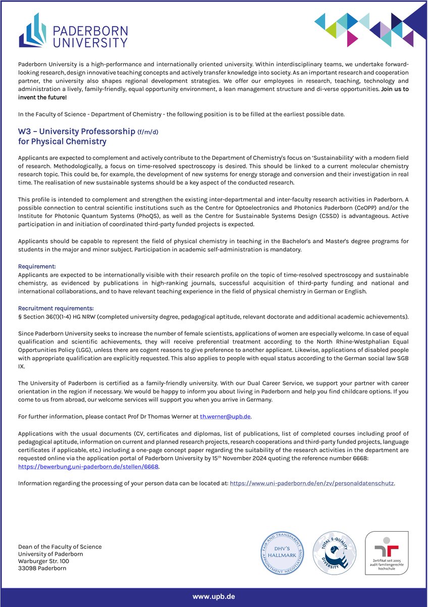 I am pleased to share a current vacancy for a Chair of Physical Chemistry at the University of Paderborn. We are looking forward to exciting applications!