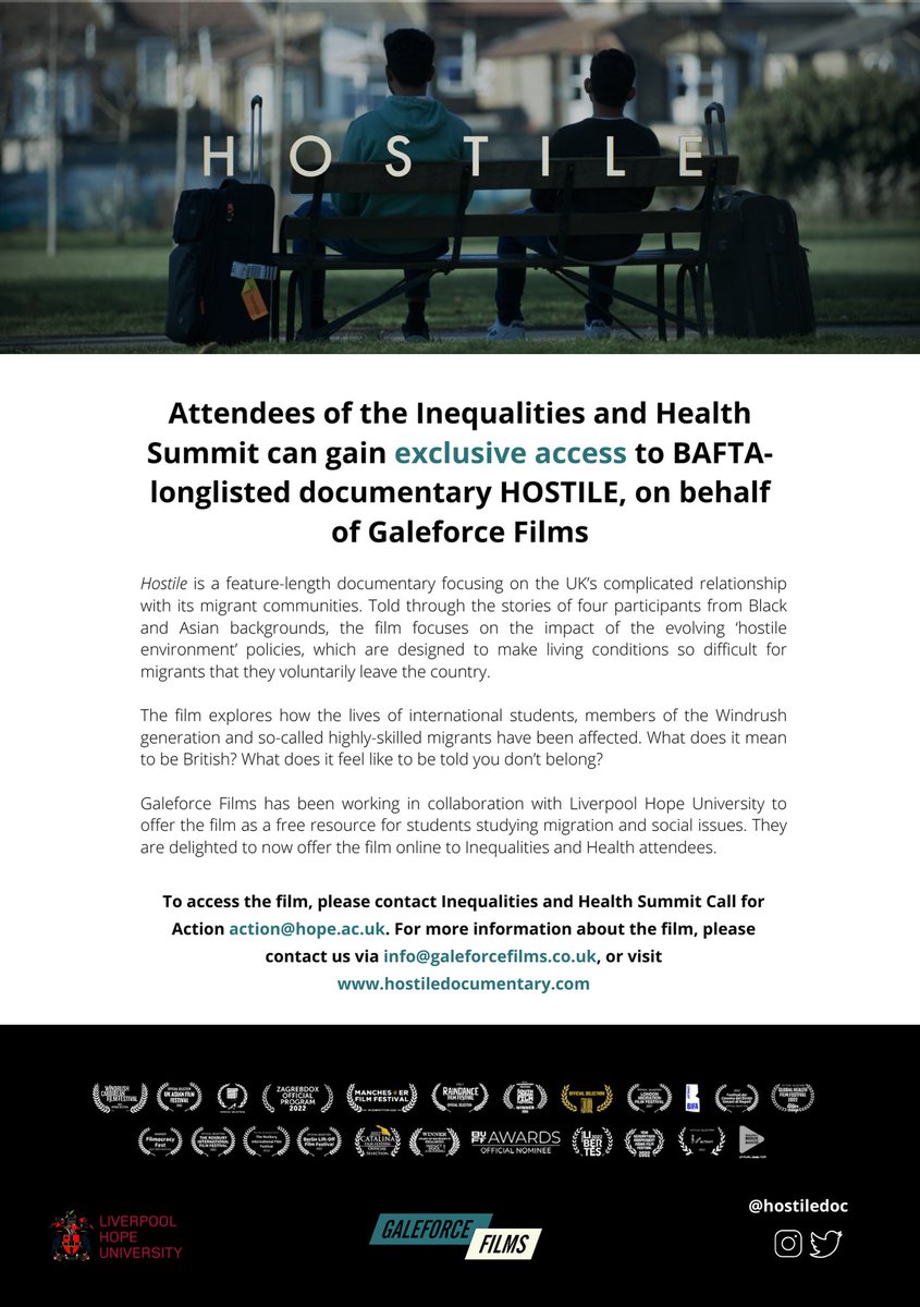 We are delighted to announce that all delegates at the Health and Inequality Summit <a href="/LiverpoolChange/">Events for Change (Liverpool)</a> will get access to the documentary HOSTILE, directed by Sonita Gale, on the impact of the 'hostile environment' on migrant communities in the UK. <a href="/hostiledoc/">Hostile</a> <a href="/GaleForceFilms/">Galeforce Films</a>
