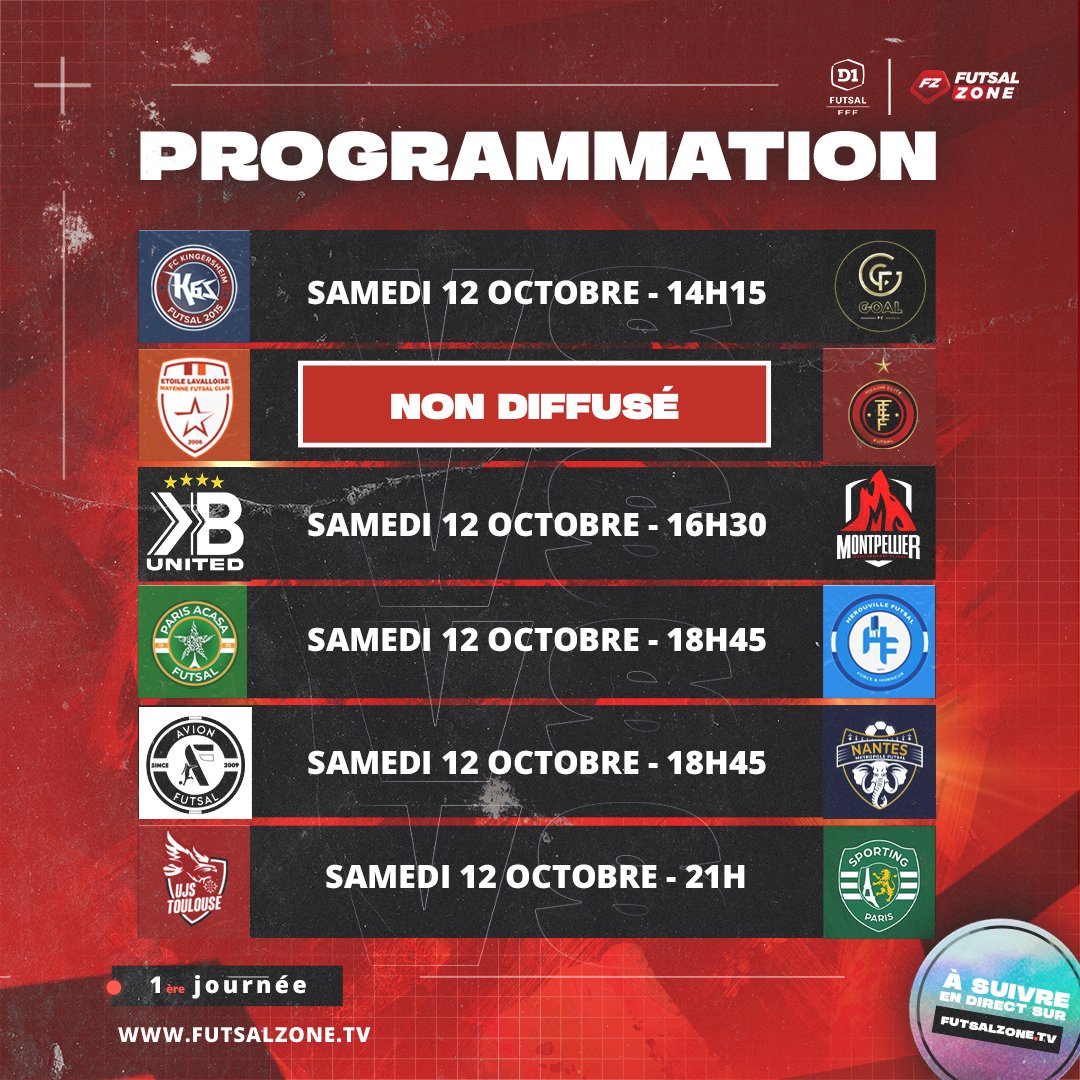 🔥 𝗝𝟭 : 𝗟𝗘 𝗚𝗥𝗔𝗡𝗗 𝗥𝗘𝗧𝗢𝗨𝗥 🔥
🤩 Après plus de 4 mois de trêve estivale et une Coupe du monde, la D1 Futsal est 𝗘𝗡𝗙𝗜𝗡 de retour ! Quel(s) match(s) allez-vous suivre ?
💻 La D1 revient samedi en direct et gratuitement sur bit.ly/Futsalzonetv

ℹ️ L'Etoile