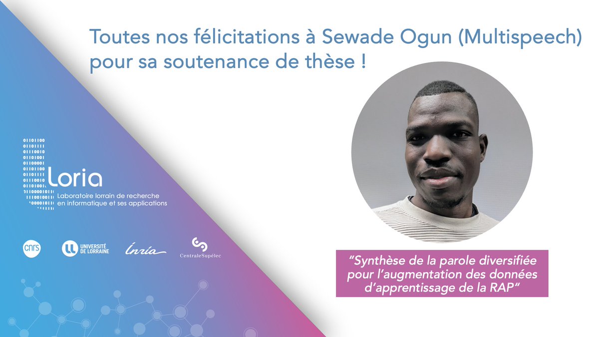 Loria (@labo_loria) on Twitter photo 👏 Toutes nos félicitations à <a href="/SewadeOgun/">Séwàdé Ògún</a> (Multispeech) pour sa soutenance de thèse !
📚"Synthèse de la parole diversifiée pour l’augmentation des données d’apprentissage de la RAP"
<a href="/Univ_Lorraine/">Lorraine</a> <a href="/CNRS_Centre_Est/">CNRS Centre-Est</a> <a href="/CNRSinformatics/">CNRS Sciences informatiques</a> <a href="/Inria_Nancy/">Centre Inria de l'Université de Lorraine</a> 👏 Toutes nos félicitations à <a href="/SewadeOgun/">Séwàdé Ògún</a> (Multispeech) pour sa soutenance de thèse !
📚"Synthèse de la parole diversifiée pour l’augmentation des données d’apprentissage de la RAP"
<a href="/Univ_Lorraine/">Lorraine</a> <a href="/CNRS_Centre_Est/">CNRS Centre-Est</a> <a href="/CNRSinformatics/">CNRS Sciences informatiques</a> <a href="/Inria_Nancy/">Centre Inria de l'Université de Lorraine</a>