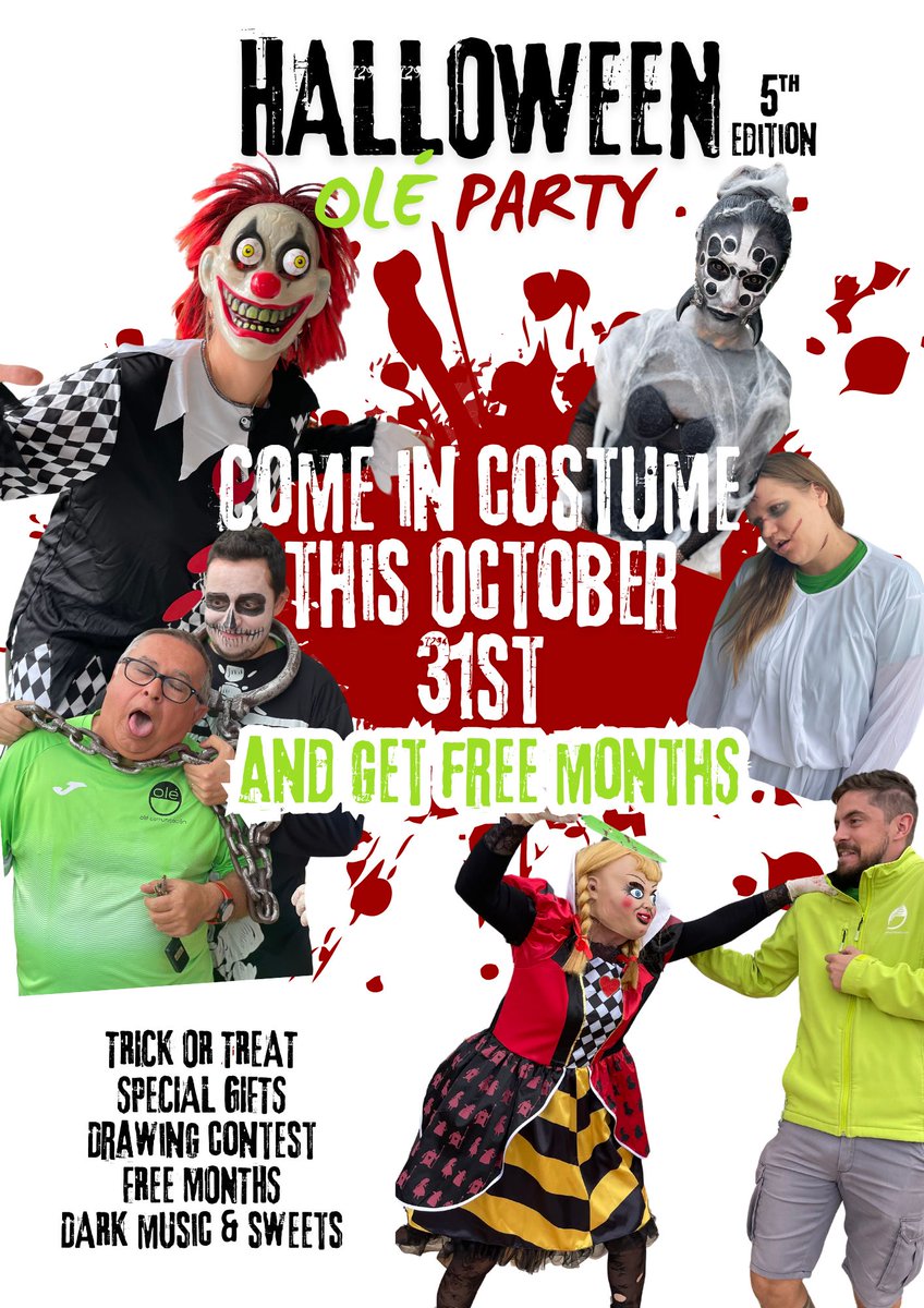 OLÉ HALLOWEEN PARTY · 5ª edición

¿Cuál es el plan? 🎃

-¡Meses gratis para todos los clientes que vengan disfrazados en la fiesta 31 Oct!
-Concurso MEJOR DISFRAZ DEL EQUIPO OLÉ 2024
-Concurso dibujo con meses gratis
-Truco o Trato con regalos 
-Dulces especiales Halloween