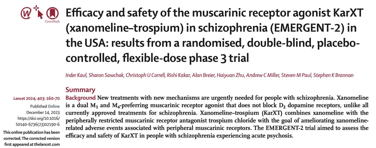 Exciting new potential schizophrenia treatment Kar-XT for positive and negative symptoms. Benefits of increasing cholinergic neurotransmission has interesting parallels in LBD/other dementia psychosis, and fits well with 'total sensory deprivation' as psychosis cause in the well