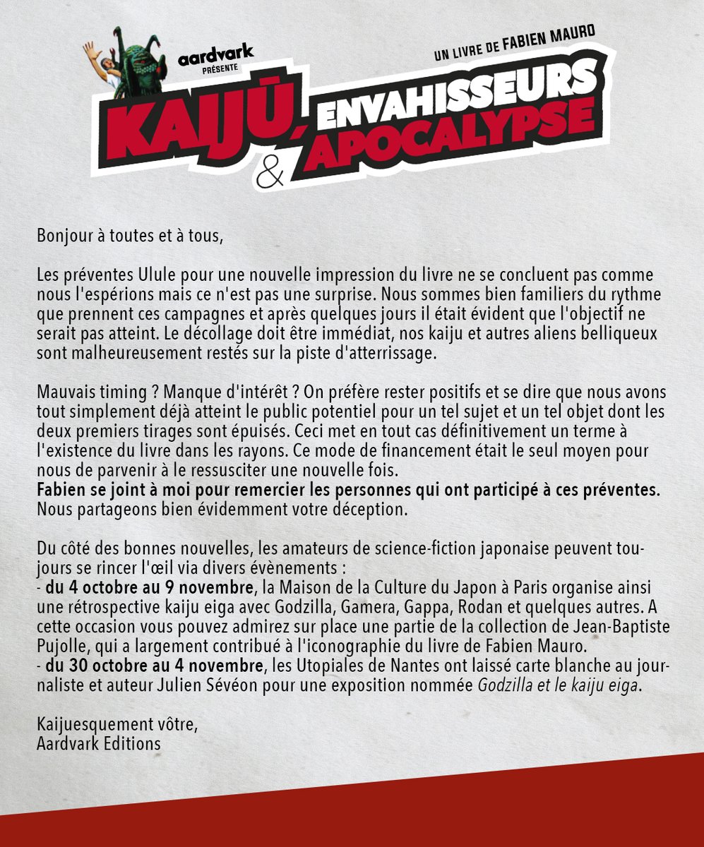 AardvarkEds's tweet image. Ulule, c'est fini. Et le livre aussi par la même occasion. Nos gros monstres auront bien vécu.
Merci à toutes celles et ceux qui ont participé !