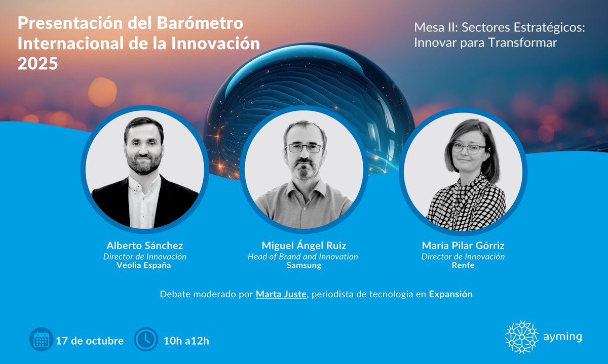 ayming_es's tweet photo. 🚀No te pierdas la mesa "Sectores Estratégicos: Innovar para transformar" en la presentación del VI Barómetro de la Innovación el 17 de oct, donde contaremos con la participación de empresas líderes como @Renfe @Veolia_Es @SamsungEspana  

Inscríbete ⬇
https://t.co/BoqdASrWW9 https://t.co/194wktPYHP