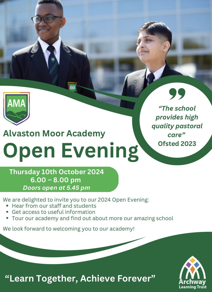 Alvaston_Moor's tweet photo. We cannot wait to welcome the families within our community to our Open Evening this evening.

Please join us from 6pm to see all of the wonderful opportunities we have to offer here at AMA! 

#TEAMAMA #OpenEvening https://t.co/bLUN9aLjeY