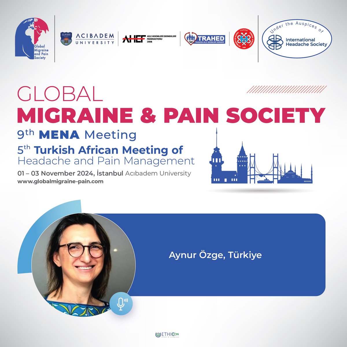 Prof. Dr. Aynur Özge will serve as the congress president for the 9th MENA Meeting and 5th Turkish African Meeting of Headache and Pain Management, organized by the Global Migraine &amp; Pain Society. The event will take place on 01-03 November 2024 at Acıbadem University, Istanbul