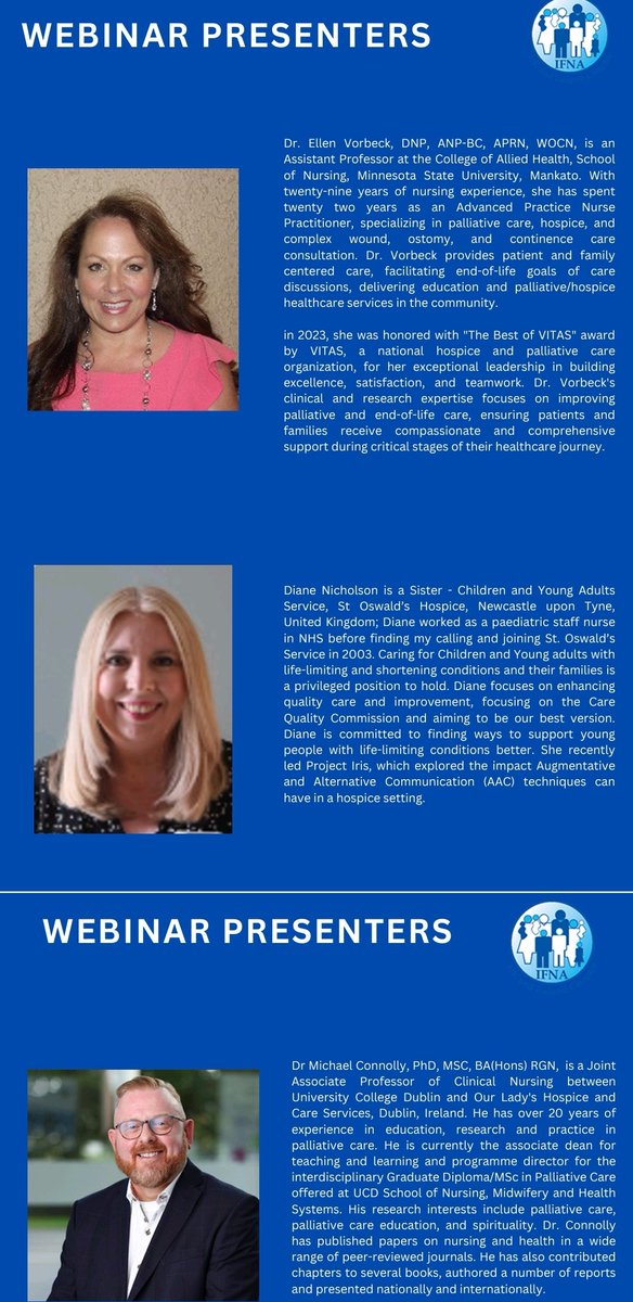 IFNA - UK and Ireland Chapter (@ifnaukireland) on Twitter photo #Free Webinar 21st Oct 2024; Palliative Care & the Role of Family Nurses'.
Dr Ellen Vorbeck; Sister Diane Nicholson & Dr Michael Connolly presnting. 👏
<a href="/IFNAAusNZ/">IFNAAUSNZ</a> <a href="/IFNAorg/">IntlFamNursingAssoc</a> <a href="/SwallowVeronica/">veronica swallow</a> <a href="/sujas15/">Dr Suja Somanadhan</a>
ucd-ie.zoom.us/meeting/regist… #Free Webinar 21st Oct 2024; Palliative Care & the Role of Family Nurses'.
Dr Ellen Vorbeck; Sister Diane Nicholson & Dr Michael Connolly presnting. 👏
<a href="/IFNAAusNZ/">IFNAAUSNZ</a> <a href="/IFNAorg/">IntlFamNursingAssoc</a> <a href="/SwallowVeronica/">veronica swallow</a> <a href="/sujas15/">Dr Suja Somanadhan</a>
ucd-ie.zoom.us/meeting/regist…