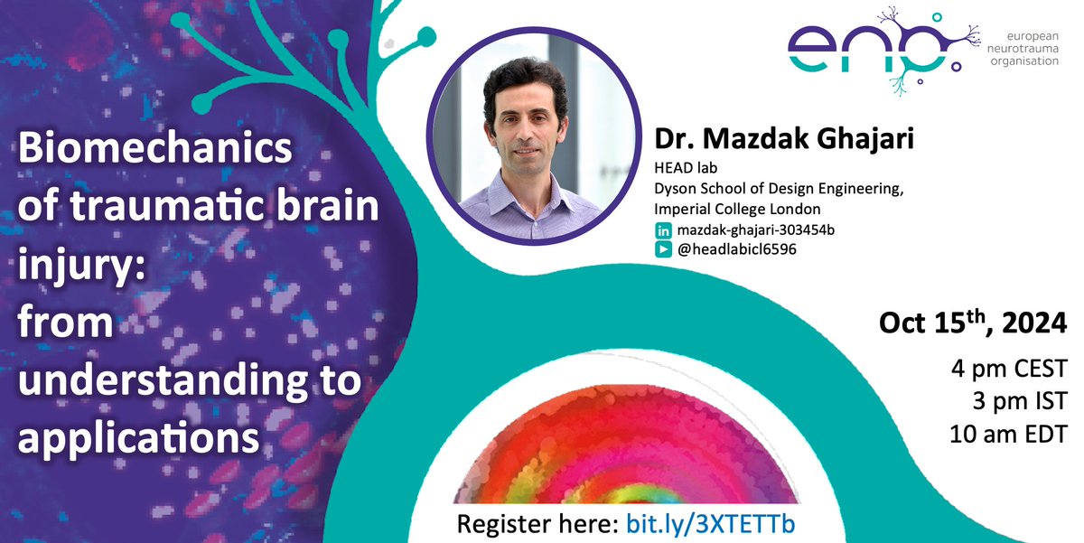 European Neurotrauma Organisation (ENO) (@enoneurotrauma) on Twitter photo 🚨ENO friends🚨 Join us next Tuesday (15th October) where Dr. <a href="/GhajariMazdak/">Mazdak Ghajari</a> will discuss his work on biomechanics in TBI.
Register here for this super talk! bit.ly/3XTETTb 🚨ENO friends🚨 Join us next Tuesday (15th October) where Dr. <a href="/GhajariMazdak/">Mazdak Ghajari</a> will discuss his work on biomechanics in TBI.
Register here for this super talk! bit.ly/3XTETTb